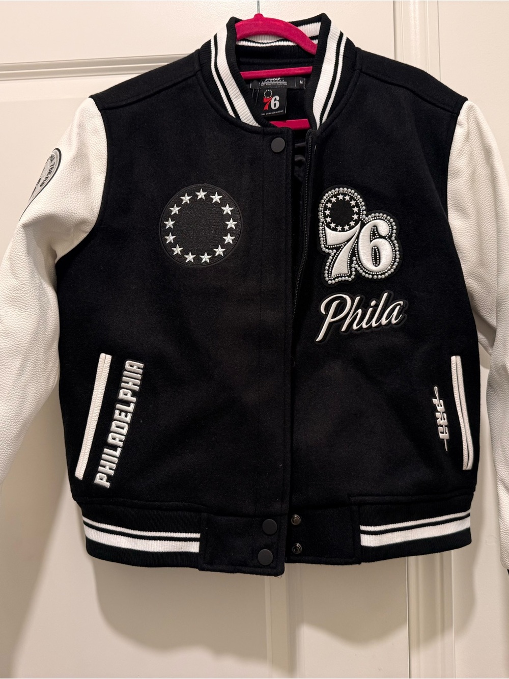 NBA Black and White Women's Phila 76 Varsity Jacket